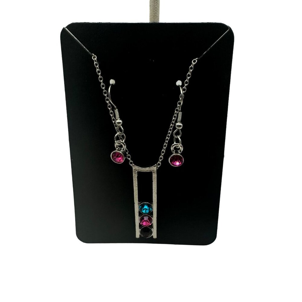 Silver Necklace & Earring Set With Multicolor Gemstones